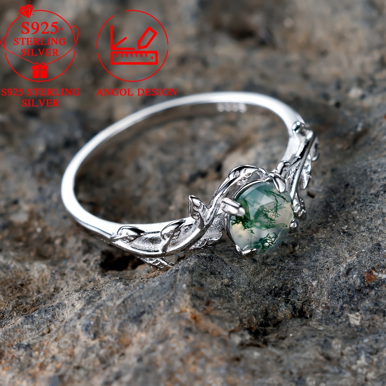Women's S925 Sterling Silver Round Water Grass Agate Leaf Ring